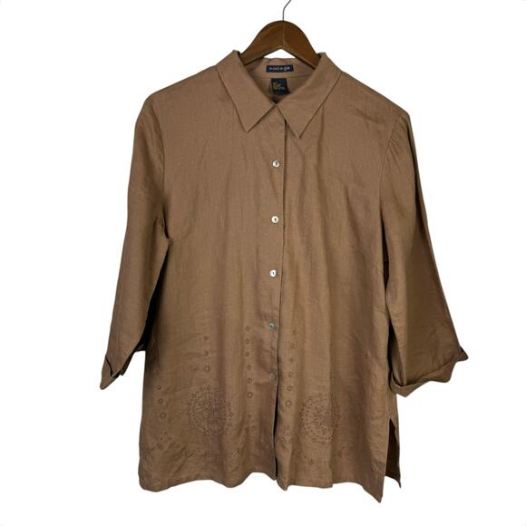 EColOGie Brown 100% Linen Embroidered Medallion Pattern Button Up 3/4 Sleeve Top - Picture 8 of 11